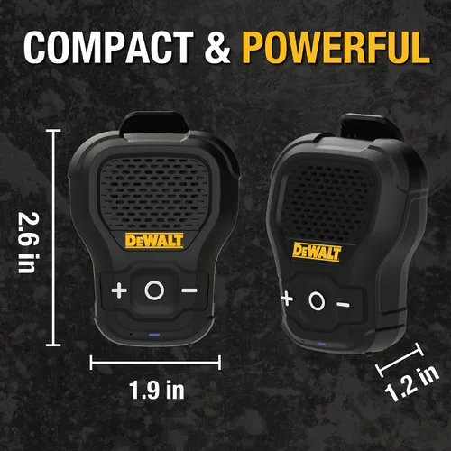 Vista 7 de DEWALT Altavoz Bluetooth Portátil Vestible [Edición Onyx - Negro] Altavoz Portátil Inalámbrico con Clip para Sitio de Trabajo Pro Resistente al Agua