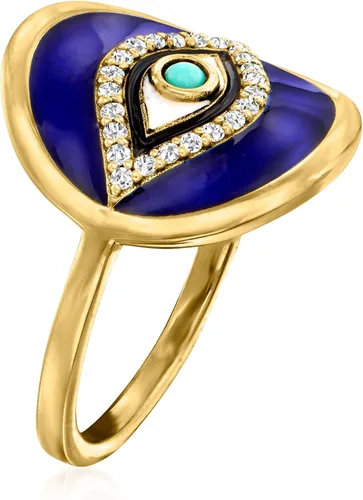 Vista 3 de Ross-Simons 0.10 ct. t.w. White Topaz and Multicolored Enamel Evil Eye Ring With Turquoise in 18kt Gold Over Sterling