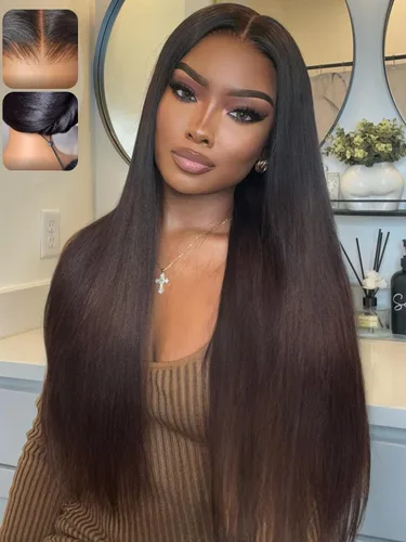 Vista 13 de KLAIYI Peluca de cabello humano con encaje frontal precortada 7x5, corte Bob en capas, corte romo, cordón sin pegamento, peluca predepilada