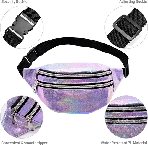 Vista 4 de Riñonera holográfica de moda para regalo del día de la madre, bolsa de cintura deportiva morada, cangurera de viaje brillante para trabajo, correr