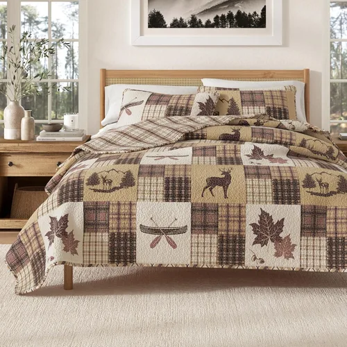 Vista 8 de Great Bay Home - Juego de 3 piezas de colcha reversible de estilo rústico de cabaña con 2 fundas decorativas de almohada, para todas las estaciones