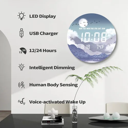 Vista 4 de Reloj de pared digital SCOAGE con luz nocturna MoonCloud moderno de 7 niveles de brillo 12/24H LED automático con temperatura fecha hora pantalla