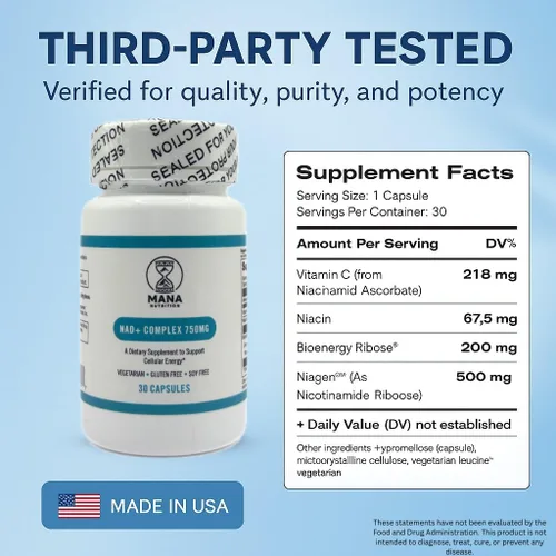 Vista 4 de Complejo NAD+ de 750 mg – con niacina y vitamina C – vegano, sin gluten, sin OMG – 30 cápsulas Cellular Energy, Healthy Aging & Mitochondrial