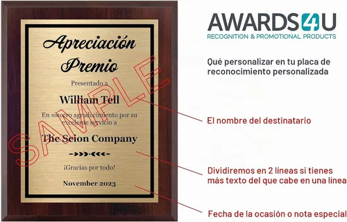 Vista 3 de Placa de premio español Apreciación 8 x 10 – Premio personalizado, personaliza ahora