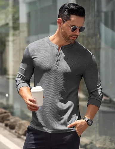 Vista 77 de COOFANDY Camisas Henley de manga larga para hombre, camisetas elásticas acanaladas, camisetas básicas casuales de moda
