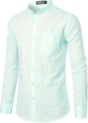 Vista 3 de ZEROYAA Camisas de algodón y lino de manga larga con botones y bolsillo para hombre