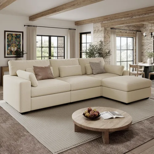 Vista 22 de Sofá modular de 146.5 pulgadas, sofás extra profundos en forma de U para sala de estar, sofá de felpilla de 4 asientos con patas de madera, otomana