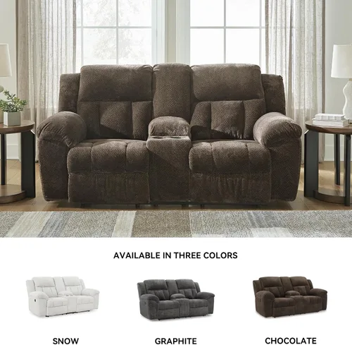 Vista 8 de Signature Design by Ashley Frohn - Sofá biplaza reclinable doble manual moderno con consola, almacenamiento y portavasos, color marrón oscuro