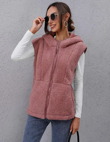 Vista 5 de TFSDOD Chaleco de forro polar sherpa para mujer, acogedor, sin mangas, con bolsillo, chaleco con capucha y cremallera para mujer