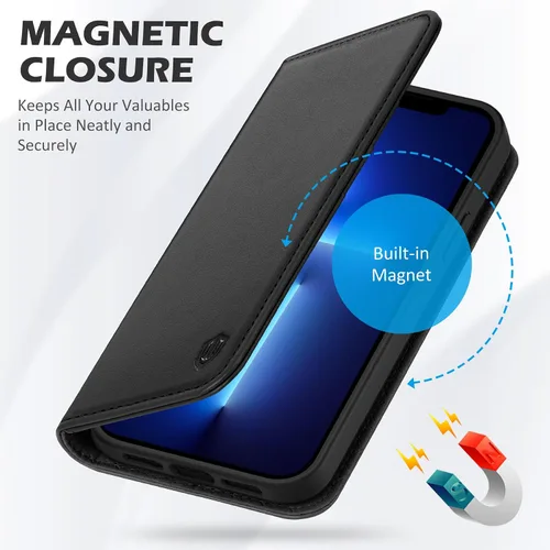 Vista 7 de SHIELDON Funda para iPhone 13, de piel auténtica, con función atril, bloqueo RFID, tarjetero de crédito, a prueba de golpes, protección completa