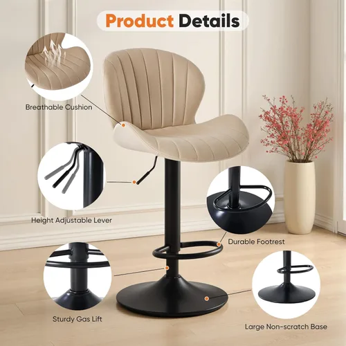 Vista 3 de Sweetcrispy Juego de 2 taburetes de bar, silla giratoria de tela de altura Beige