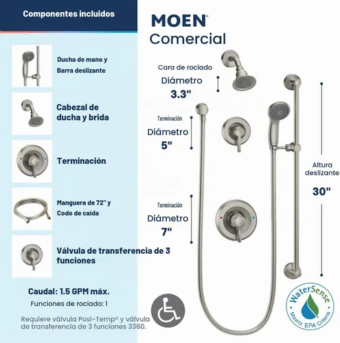 Vista 2 de Moen Sistema de Ducha Comercial Classic Posi Temp con Ducha de Mano para Baño, Válvula Requerida, Acabado Níquel Cepillado, T8342EP15CBN