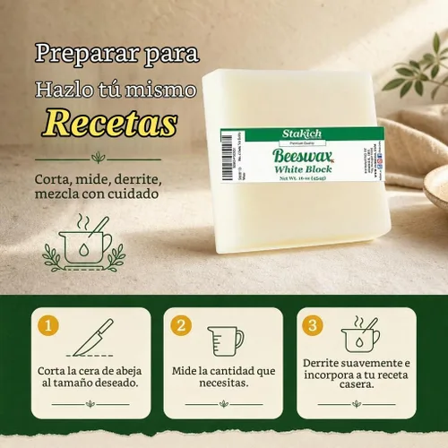 Vista 3 de Stakich Bloque de cera de abeja blanca, natural, grado cosmético, 1 libra
