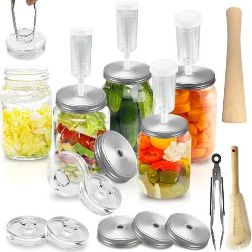 Vista 8 de Klemon Kit de fermentación para tarro de fermentación de masón de boca ancha, kit de chucrut en pepinillo, 4 tapas de fermentación, 4 pesos
