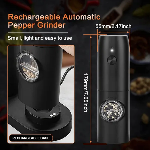 Vista 5 de Juego de molinillo eléctrico recargable de sal y pimienta, molinillo automático de sal y pimienta con luz LED, molinillo de sal y pimienta, grosor