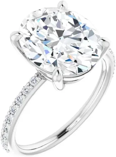 Vista 3 de JEWELERYIUM - Anillo de compromiso de moissanita incoloro de 4 quilates de corte ovalado, juego de anillos de boda y novia, estilo halo solitario
