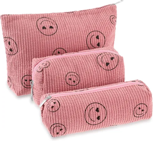 Vista 8 de Huhumy Juego de 3 bolsas de maquillaje para mujeres, bolsa cosmética de pana con sonrisa estética, bolsa de viaje para artículos de tocador, linda