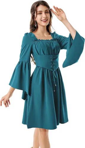 Vista 2 de Scarlet Darkness Vestido renacentista para mujer, manga larga, acampanado, medieval, cuello cuadrado, vestido de patinadora con bolsillos