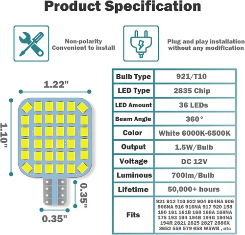 Vista 4 de 10 bombillas LED T10 921 922 912 194 para interior de caravana, bombillas LED superbrillantes, iluminación de repuesto 36-SMD 2835 6500K blanco frío