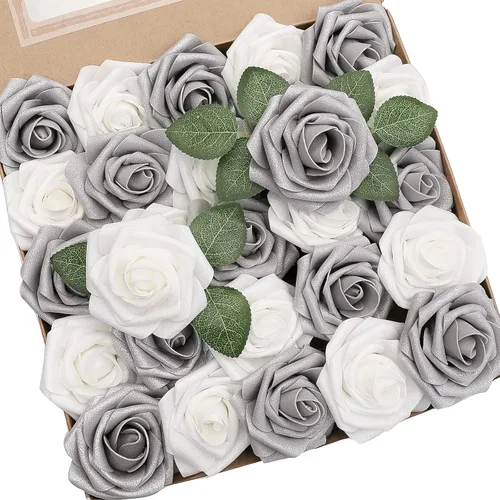 Vista 11 de Floroom Flores artificiales, 25 piezas de rosas falsas de espuma dorada antigua de aspecto real con tallos para ramos de boda DIY, centros de mesa