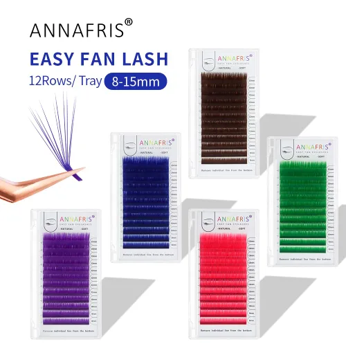 Vista 2 de Extensión de pestañas de colores, Easy Fan púrpura, 0.07, rizo D, 0.315-0.591 in, volumen mixto, pestañas postizas individuales