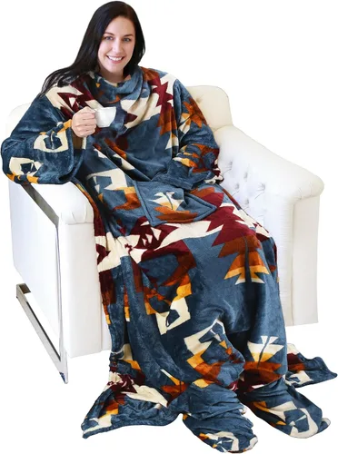 Vista 32 de Catalonia - Manta de vestir de vellón con mangas y compartimientos para los pies, para mujeres y hombres, manta de microfelpa cómoda y envolvente