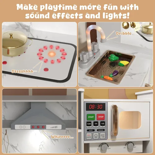 Vista 3 de BVIUNTWO Juego de juguetes de cocina, juego de cocina de madera para niños con luces y sonidos reales, estufa, fregadero, horno, máquina de hielo