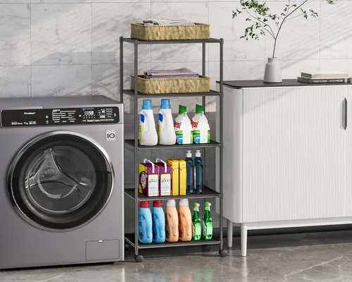 Vista 5 de OVICAR Estante de almacenamiento con ruedas – Estantería ajustable de alambre de malla de 5 niveles, estante de almacenamiento de metal para cocina