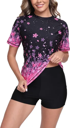 Vista 13 de Halcurt Conjunto de protección solar de manga corta de dos piezas para mujer, con UPF 50, camiseta de baño con pantalones cortos de tabla de surf