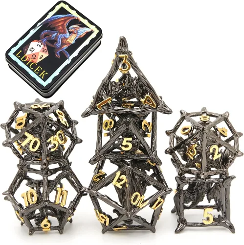 Vista 10 de Juego de dados DND de metal con caja, 7 dados huecos D&D, juego de dados poliédricos de cobre para Dungeons and Dragons Steampunk Poliédricos