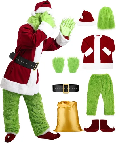 Vista 5 de Saiksi Disfraz de monstruo verde para adulto, disfraz de Papá Noel peludo verde navideño para hombre, 9 piezas divertido traje de Papá Noel