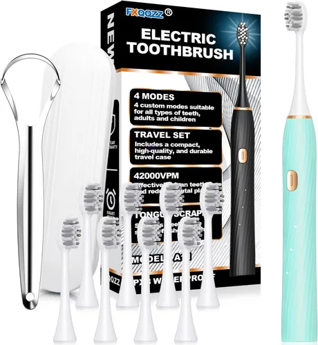 Vista 7 de FXQQZZ Cepillo de dientes eléctrico para adultos y niños, con raspador de lengua y estuche de viaje, 8 cabezales de cepillo, temporizador