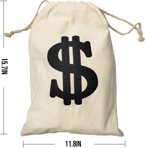 Vista 2 de Eylola Paquete de 4 bolsas de dinero para decoración de fiestas de 11.8 x 15.7 pulgadas, bolsa de dinero para disfraz de ladrón, bolsa de dinero