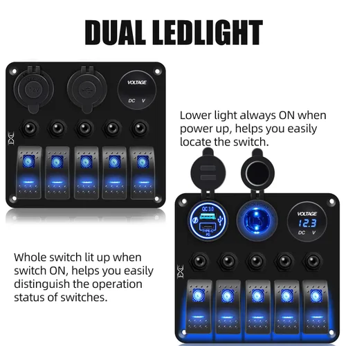 Vista 3 de FXC Panel de interruptor basculante azul marino impermeable de 5 segmentos con enchufe USB QC3.0 y ranura tipo C + encendedor de cigarrillos +