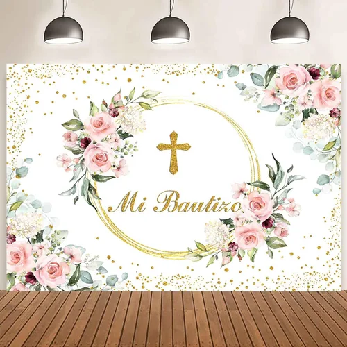 Vista 8 de AIBIIN Telón de fondo Mi Bautizo de 7 x 5 pies para niño, color azul, floral, bautismo, primera comunión, fotografía, fondo, bautizo, puntos