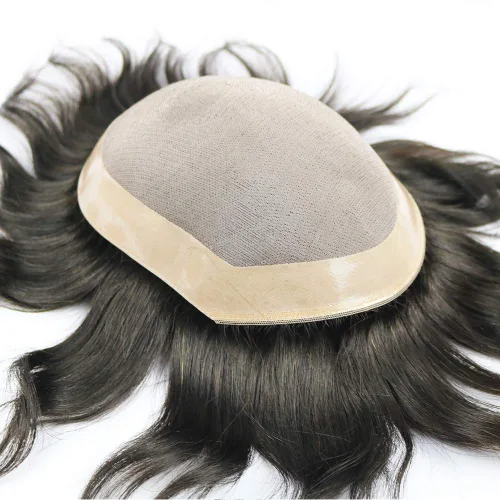 Vista 2 de SIMBEAUTY Toupee duradero para hombres, sistema de cabello humano de repuesto fino monofilamento, monofilamento de piel de polietileno NPU alrededor