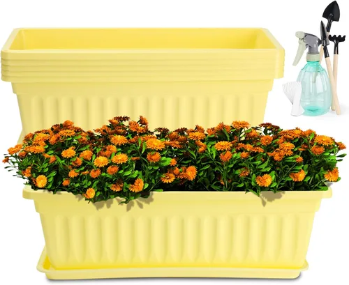 Vista 9 de HOXHA Paquete de 6 jardineras para ventana, jardineras de plástico de 17 pulgadas para vegetales y flores con bandeja, macetas rectangulares