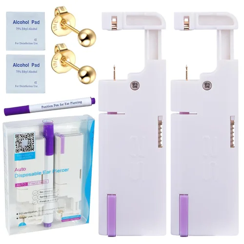 Vista 9 de Firstomato Juego de 2 piercings desechables para la oreja, pistola de perforación de oreja, kit de perforación de cartílago con aretes oro de 24