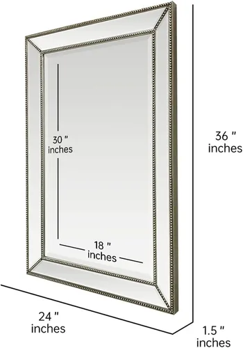 Vista 2 de Espejo de baño con marco de madera con cuentas Metro de 24 x 36 pulgadas, espejo de pared decorativo grande con marco biselado en ángulo para sala