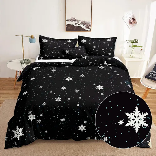 Vista 16 de Juego de ropa de cama de Navidad con funda de edredón de copos de nieve, color blanco y rojo, con estampado navideño, juego de ropa de cama festiva