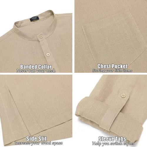 Vista 6 de COOFANDY Camisas Henley de lino para hombre, manga larga, ajuste regular, camisetas de playa Kurta con bolsillo
