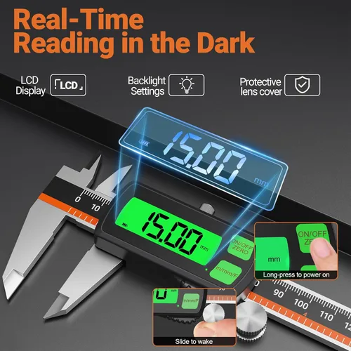 Vista 3 de Calibre digital, calibre Vernier recargable de acero inoxidable tipo C, conversión de F/MM/in, LCD grande, pinza de medición digital de carga USB