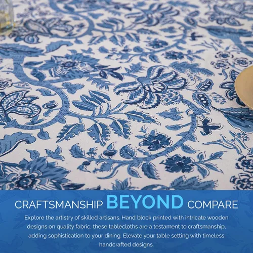 Vista 6 de Labhanshi Indian Hand Block Print Round 72 Inch 6-Seater and Rectangle 72x108 Inches 8 Seater Table Cloth for Kitchen Dining Table Cotton Floral