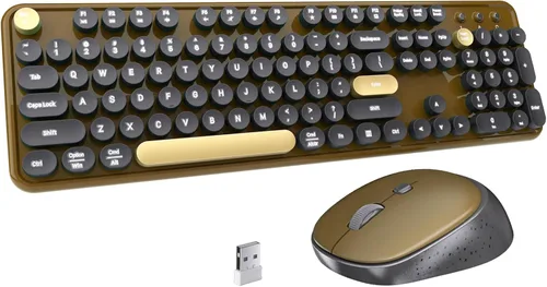 Vista 6 de Combo de teclado y mouse inalámbricos morado, teclado de máquina de escribir de tamaño completo con teclas completas, teclado de computadora retro