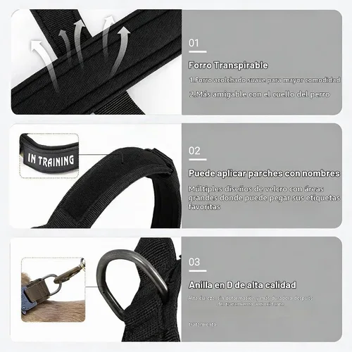 Vista 5 de Collar táctico para perro, ajustable, militar, de nailon, con asa de control y hebilla de metal resistente para perros medianos y grandes (negro, S)