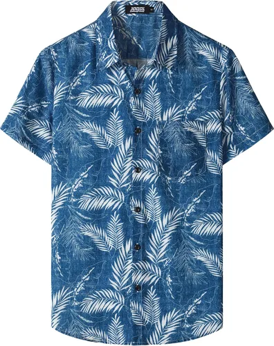 Vista 29 de JOGAL - Camisa hawaiana floral para hombre con bolsillo frontal, estilo Aloha casual Verde Aqua