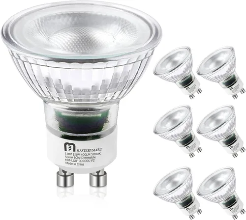 Vista 10 de MASTERY MART - Bombillas LED GU10, equivalentes a 50 W, 5,5 W regulables, cubierta de cristal completa, reflector de luz blanca suave de 2700 K