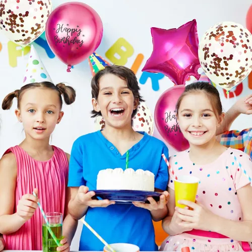 Vista 5 de Decoraciones de cumpleaños número 10 para niñas, banda y corona de dos dígitos con purpurina rosa intenso, globos de papel de aluminio de estrella