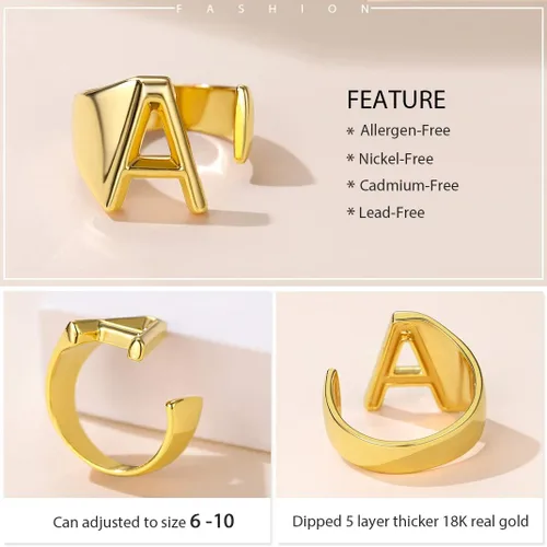 Vista 6 de KeyStyle Bold Initial Letter Ring Adjustable, GoldChic Jewelry Women Gold Statement Rings Personalised Engraved Womens Open Signet Ring for Party