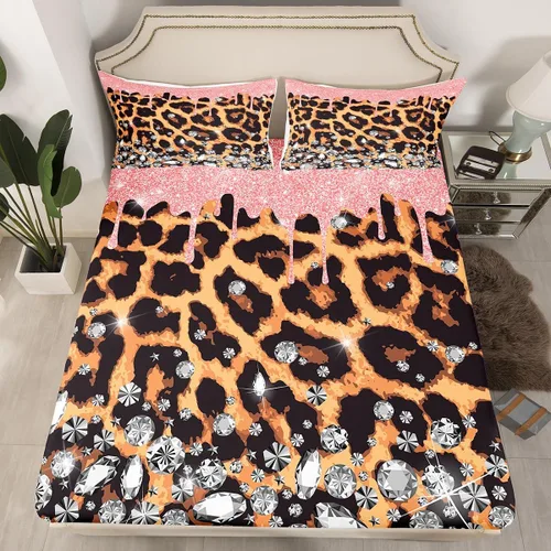 Vista 8 de Manfei Sábana bajera ajustable de piel de animal, tamaño individual, funda de cama con estampado de cebra de leopardo con 1 funda de almohada, juego